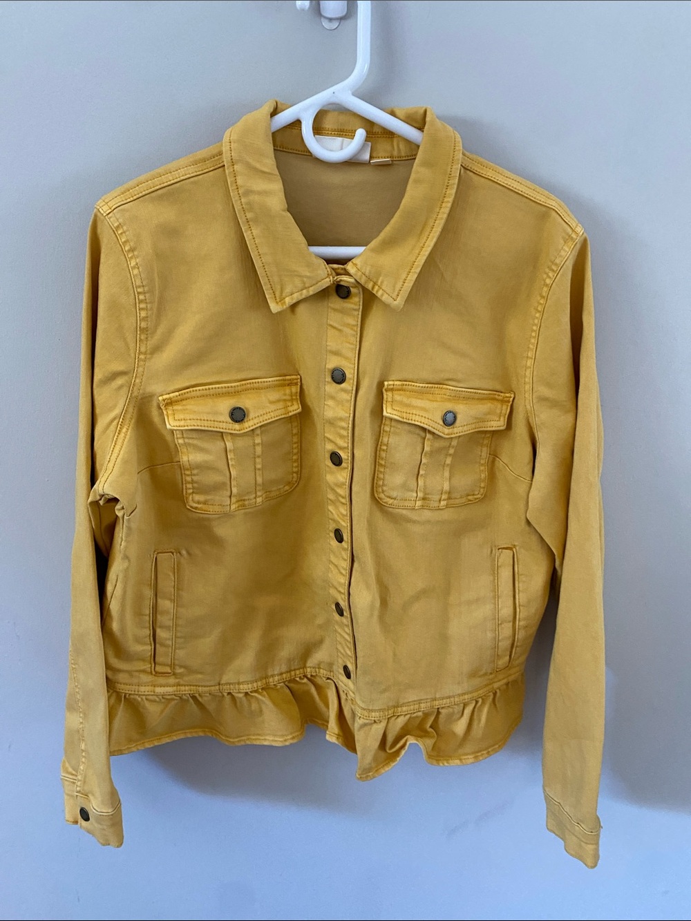 Belle by Kim Gravel Yellow Button-Front Ruffle-Hem Jean Jacket